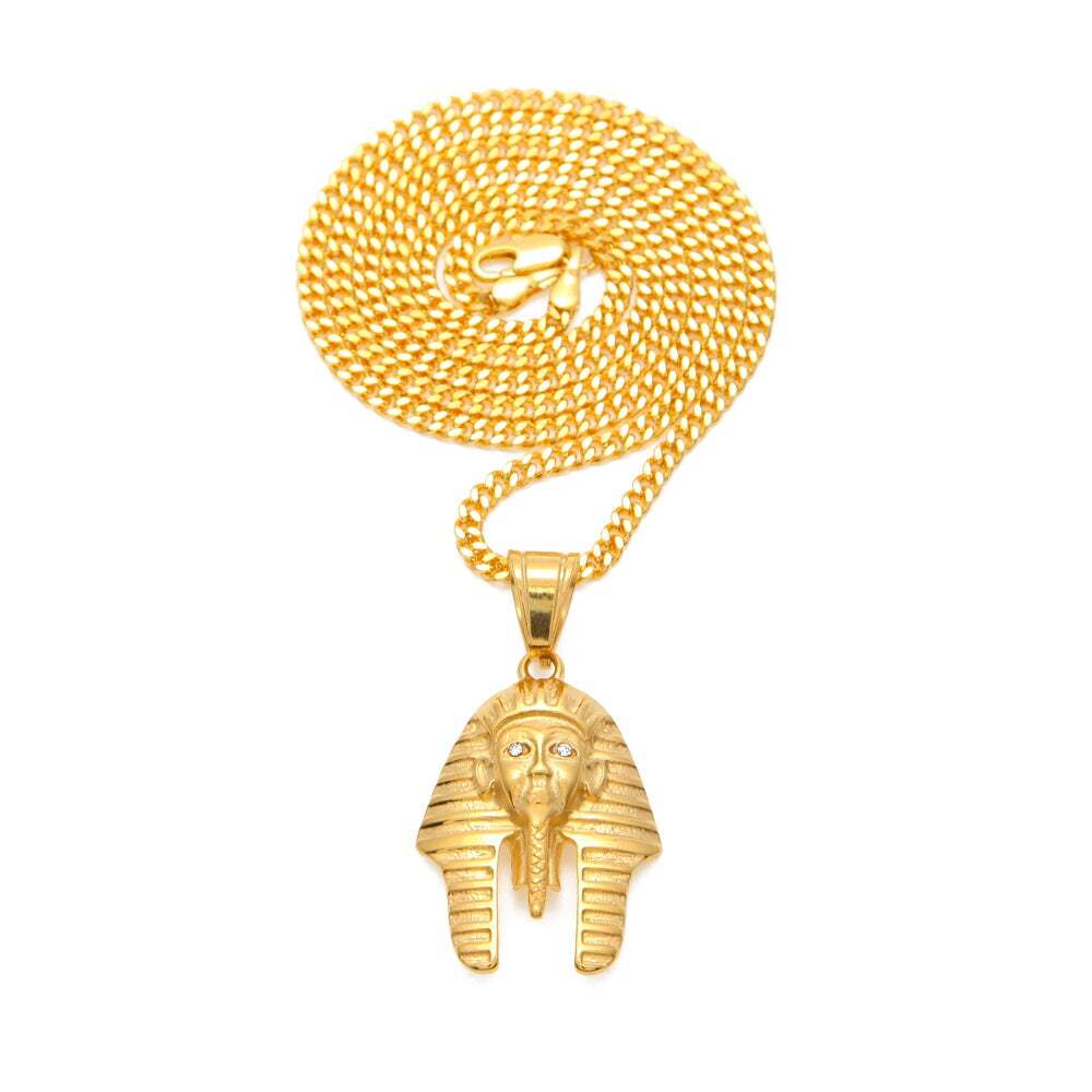 Vintage Classic Egyptian Pharaoh Head Stainless Steel Gold Color Pendant Necklac